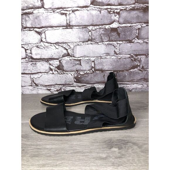 Sorel Med Ella Black Leather Cross Ankle Strap Flat Sandals Women 10M NL2893-010 - Picture 1 of 16